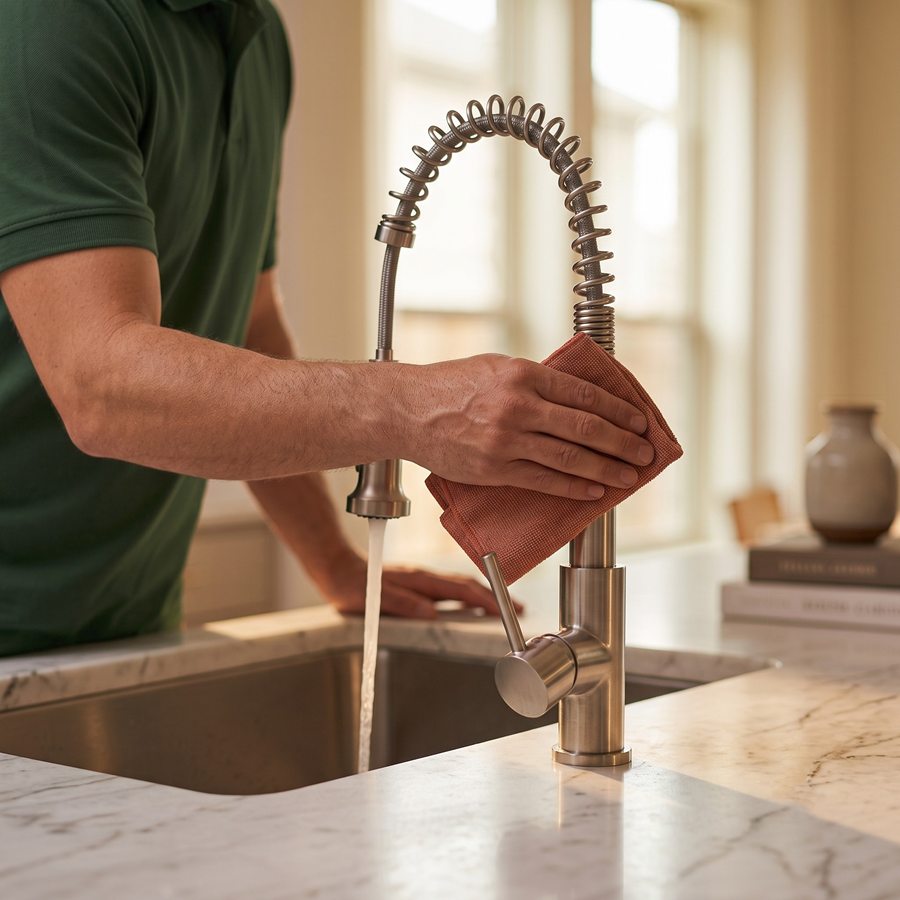 A cleaning professional's hands wiping a gleaming surface mid-clean