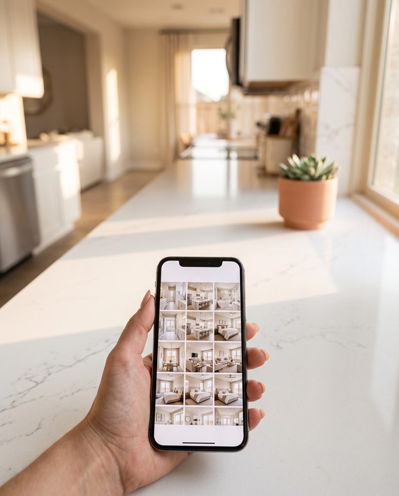 A phone showing the texted completion photo set beside a spotless, gleaming kitchen counter