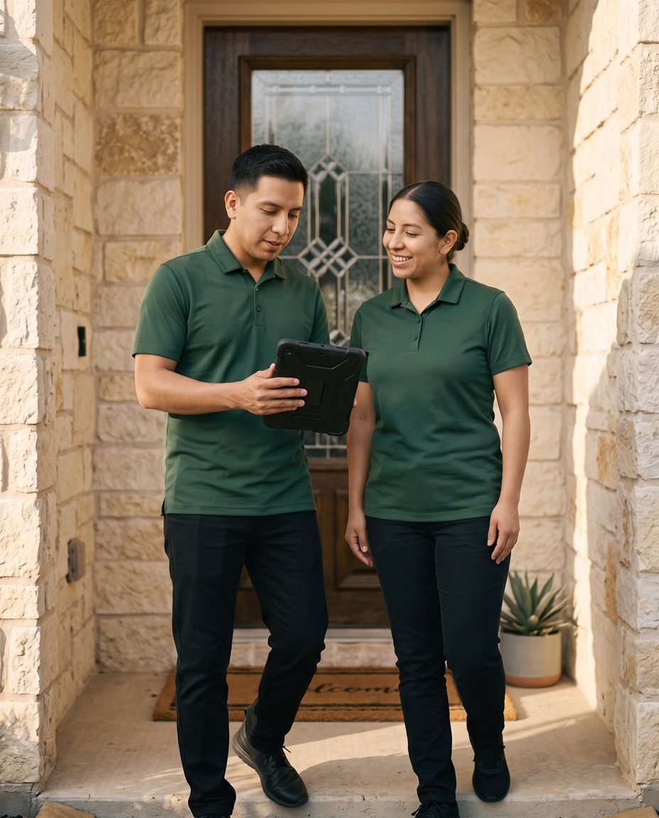 Two Aurora Standard professionals in matching uniforms at a Fort Bend County front door